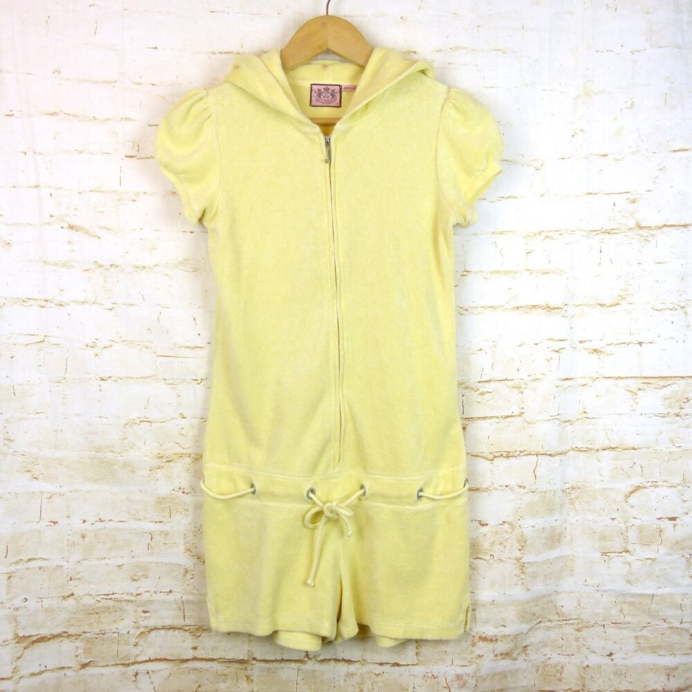Juicy Couture Y2K Terrycloth Romper Womens S Yellow Hooded Lounge Made USA - Picture 5 of 13